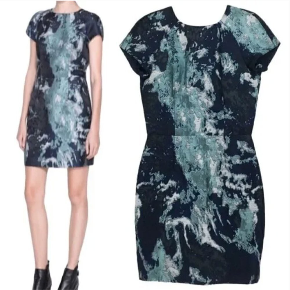 Zara‎ Basic Navy Blue Green Marble Short Sleeve Sheath Dress L